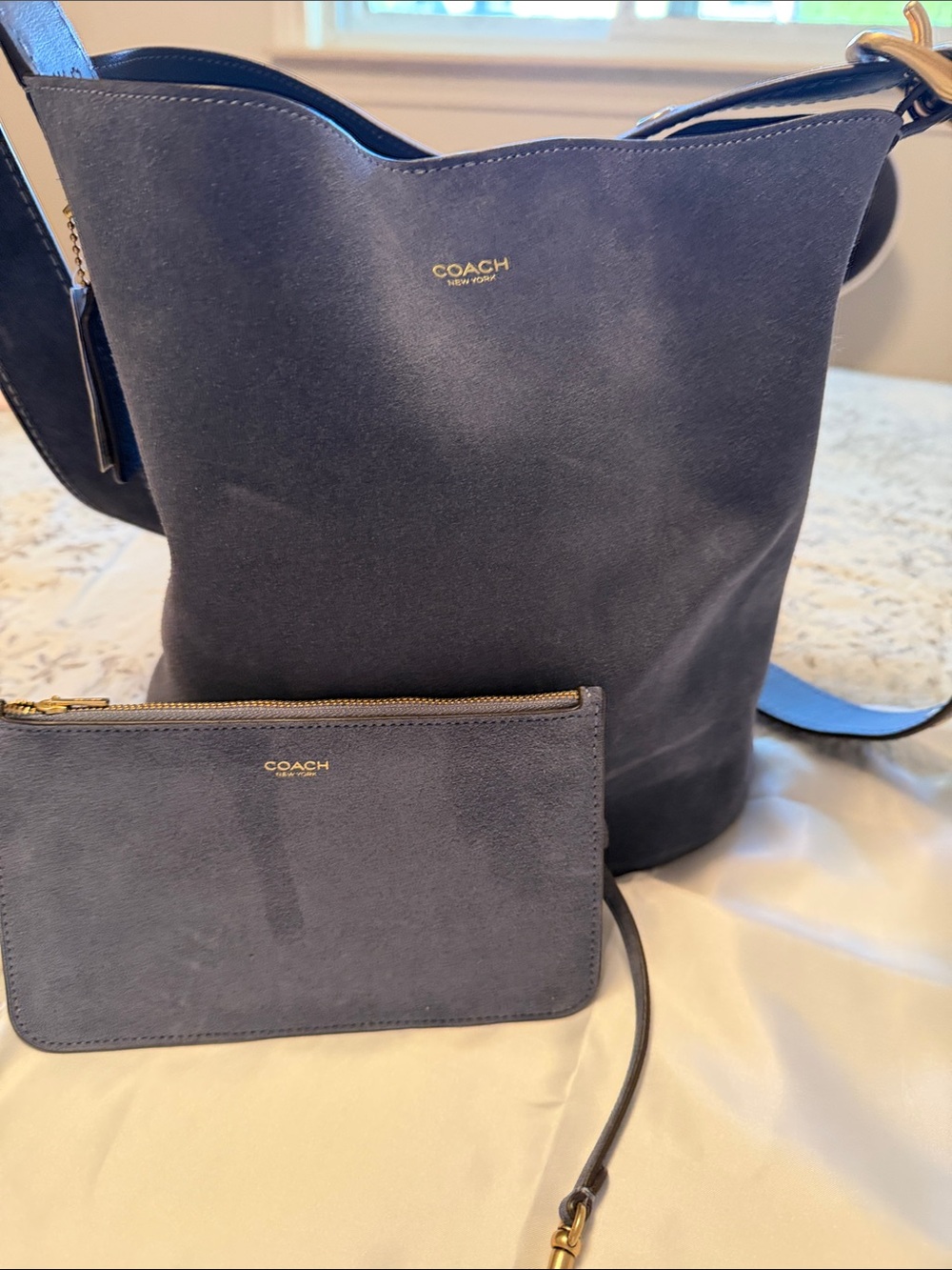 COACH Navy Suede Bucket Shoulder Bag with Matching Pouch